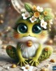 An adorable fuzzy frog with large eyes and white flowers on its head