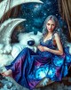 Me in a relaxed cosmic crescent moon bed swing with an astronaut plushie